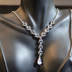 Blue Rhinestone Enamel Leaf Teardrop Y Necklace